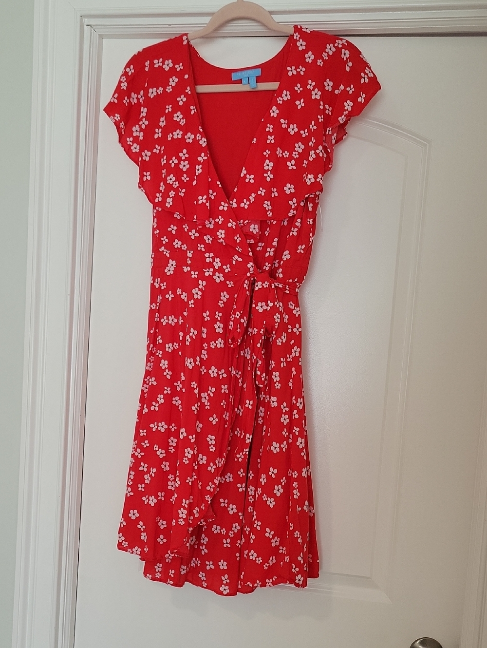 Draper James Red Floral Wrap Midi Dress with White Blossom Print